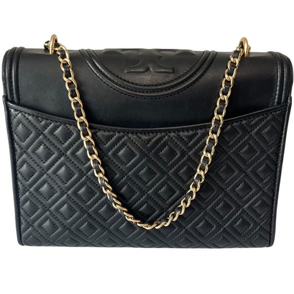 Tory Burch Fleming Leather Convertible Shoulder Bag Crossbody Black Chain Logo - Picture 3 of 11